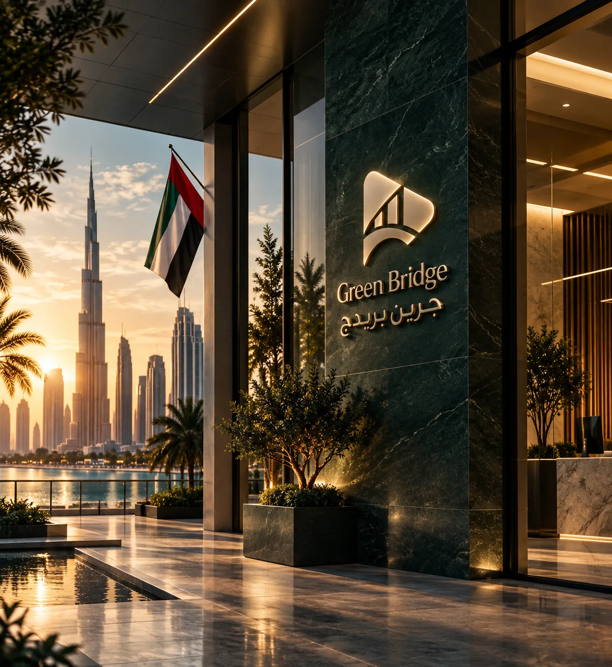 The Green Bridge entrance, with the bilingual logo on a green marble wall overlooking the Dubai skyline